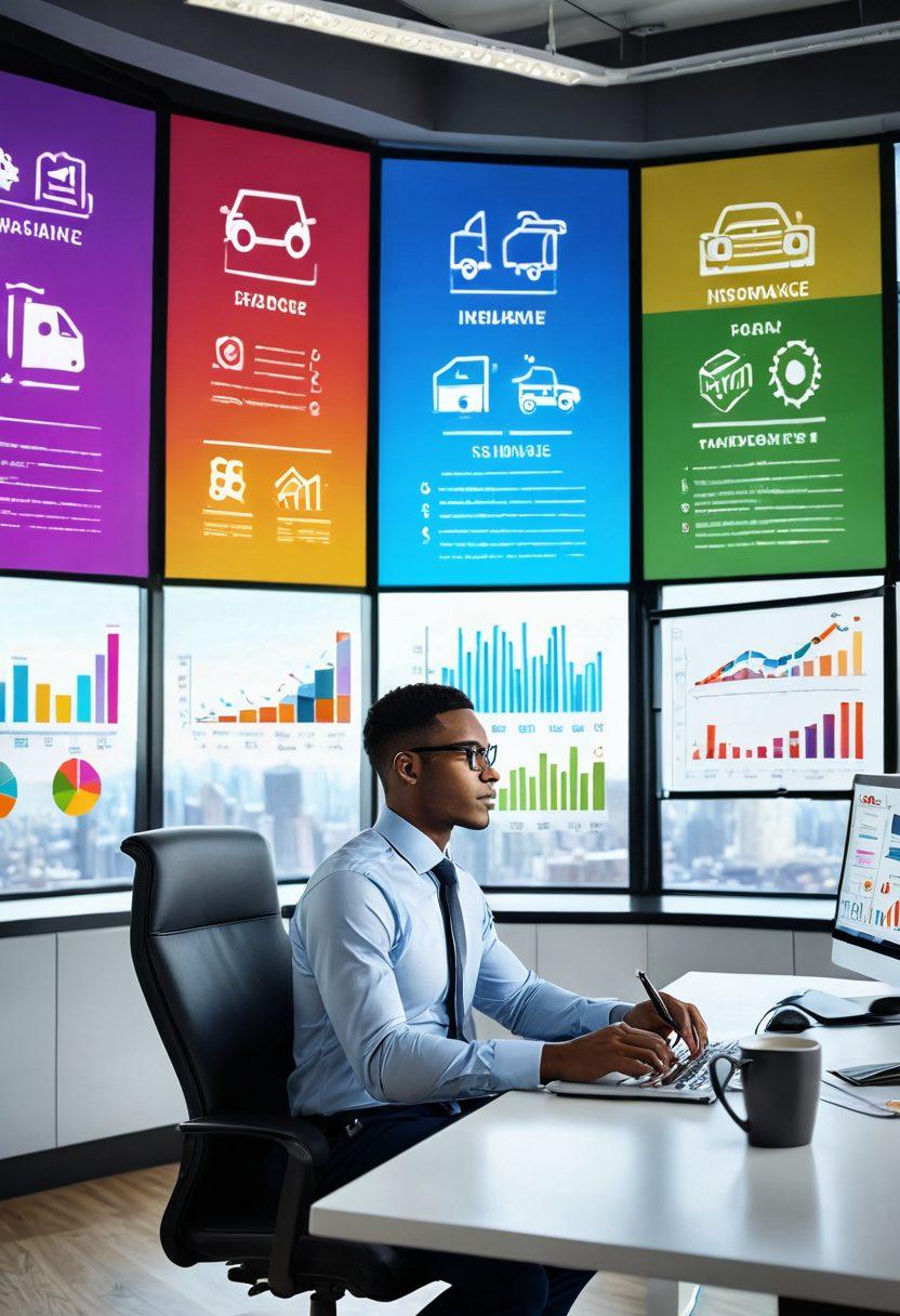 A person contemplating various motor insurance options, surrounded by colorful insurance policy icons like shields, cars, and checkmarks. The setting is a modern office with a large window showing a cityscape. Include elements like charts and graphs to represent comparisons. The mood is insightful and empowering. vibrant colors. 3D.