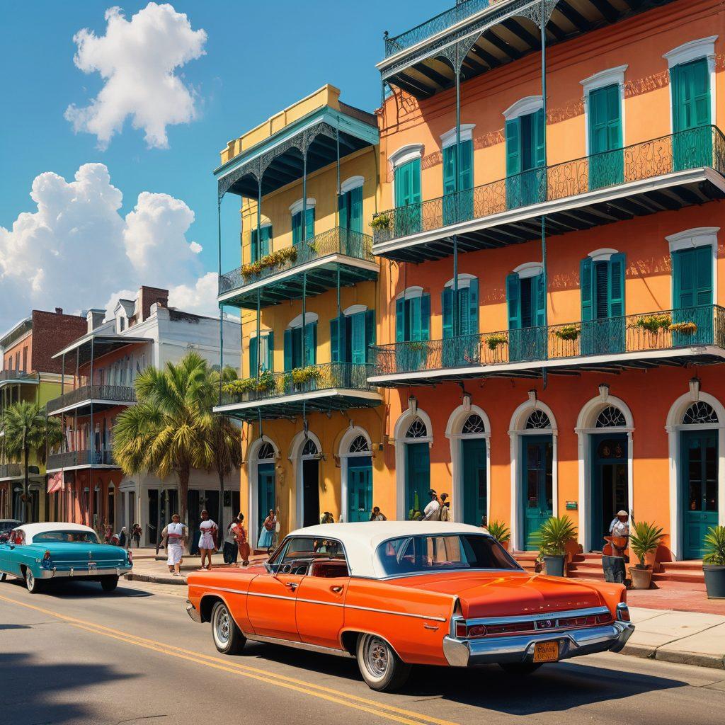 A vibrant cityscape of New Orleans with a classic car parked on a colorful street. Include happy families planning their road trips with maps and insurance papers in hand, symbolizing affordability and coverage. Illustrate an iconic NOLA backdrop with jazz musicians playing in the corner to reflect the city's culture. Bright and cheerful colors to elevate the sense of joy and freedom. super-realistic. vibrant colors. 3D.