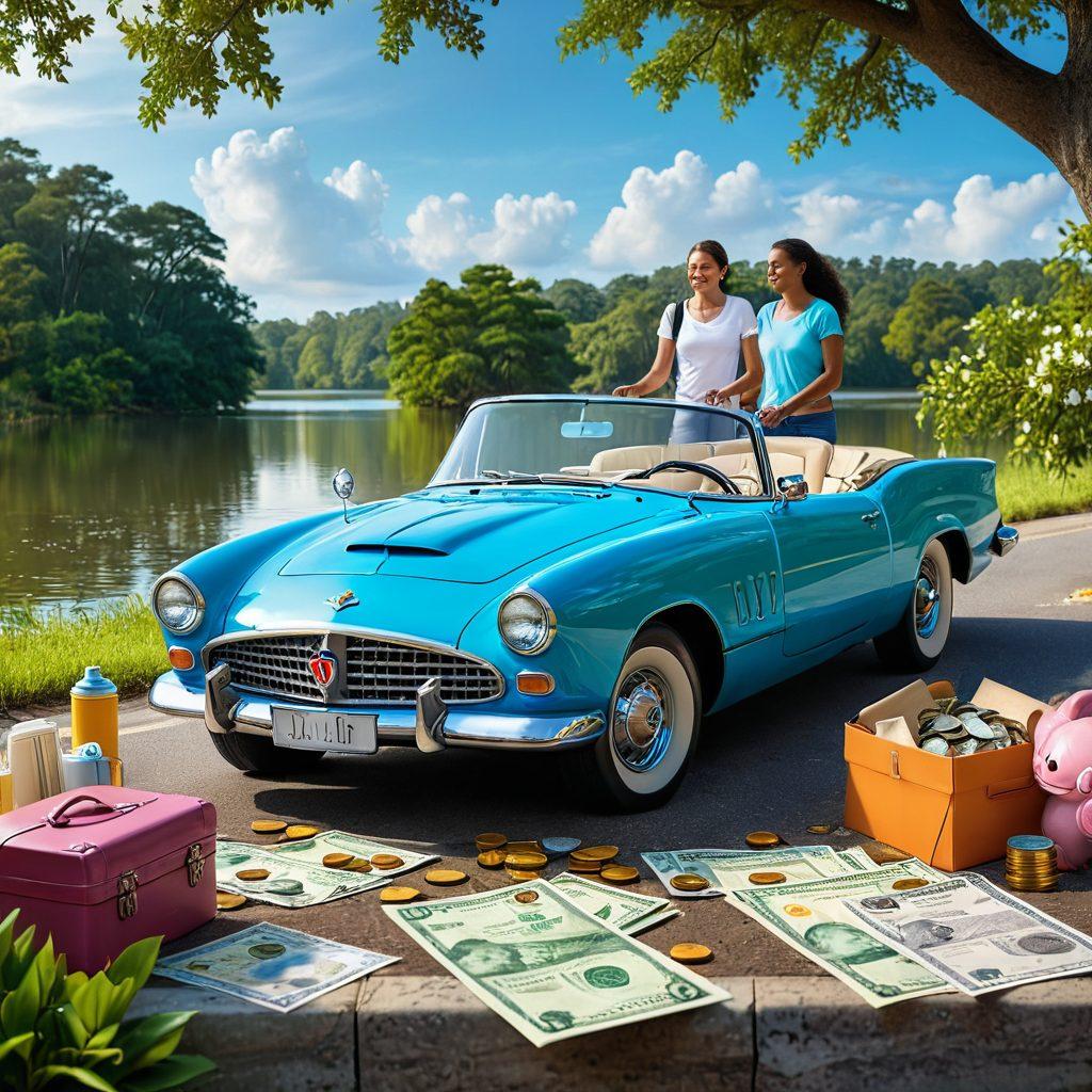 A cheerful family packing their car for a road trip, surrounded by symbols of savings like stacking coins and insurance documents. Show Louisiana's vibrant landscapes in the background with magnolias and bayous. Incorporate elements of protection like a shield emblazoned with a dollar sign. The scene should convey security and adventure, inviting readers to explore insurance options. super-realistic. vibrant colors. 3D.